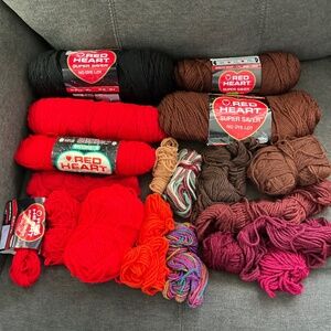 Yarn - Lot Black, Brown, Red, Maroon, Orange, etc. Skeins, Balls, Remnants